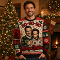 man wearing a die hard ho-ho-ho ugly christmas sweater in front of
