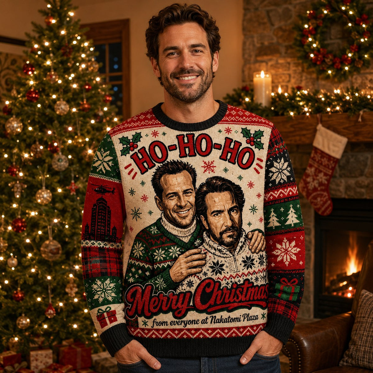 man wearing a die hard ho-ho-ho ugly christmas sweater in front of