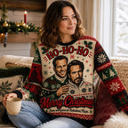 woman in a die hard nakatomi plaza christmas jumper holding a mug
