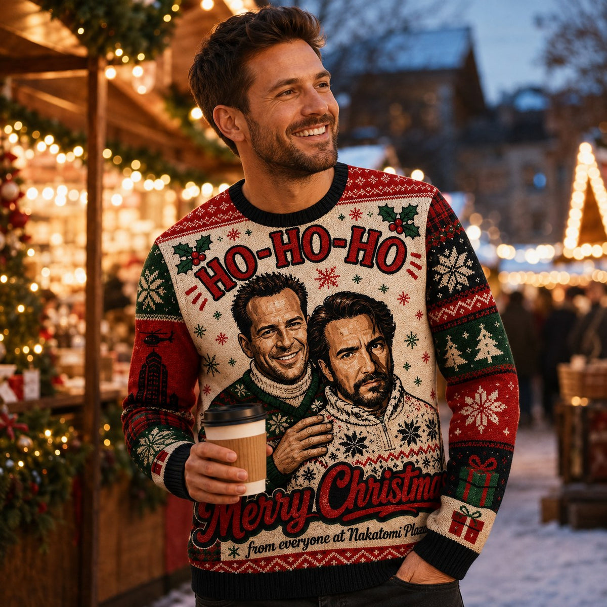 man smiling in a die hard merry christmas sweater at a holiday