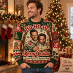 die hard ugly christmas sweater worn in a festively decorated living room