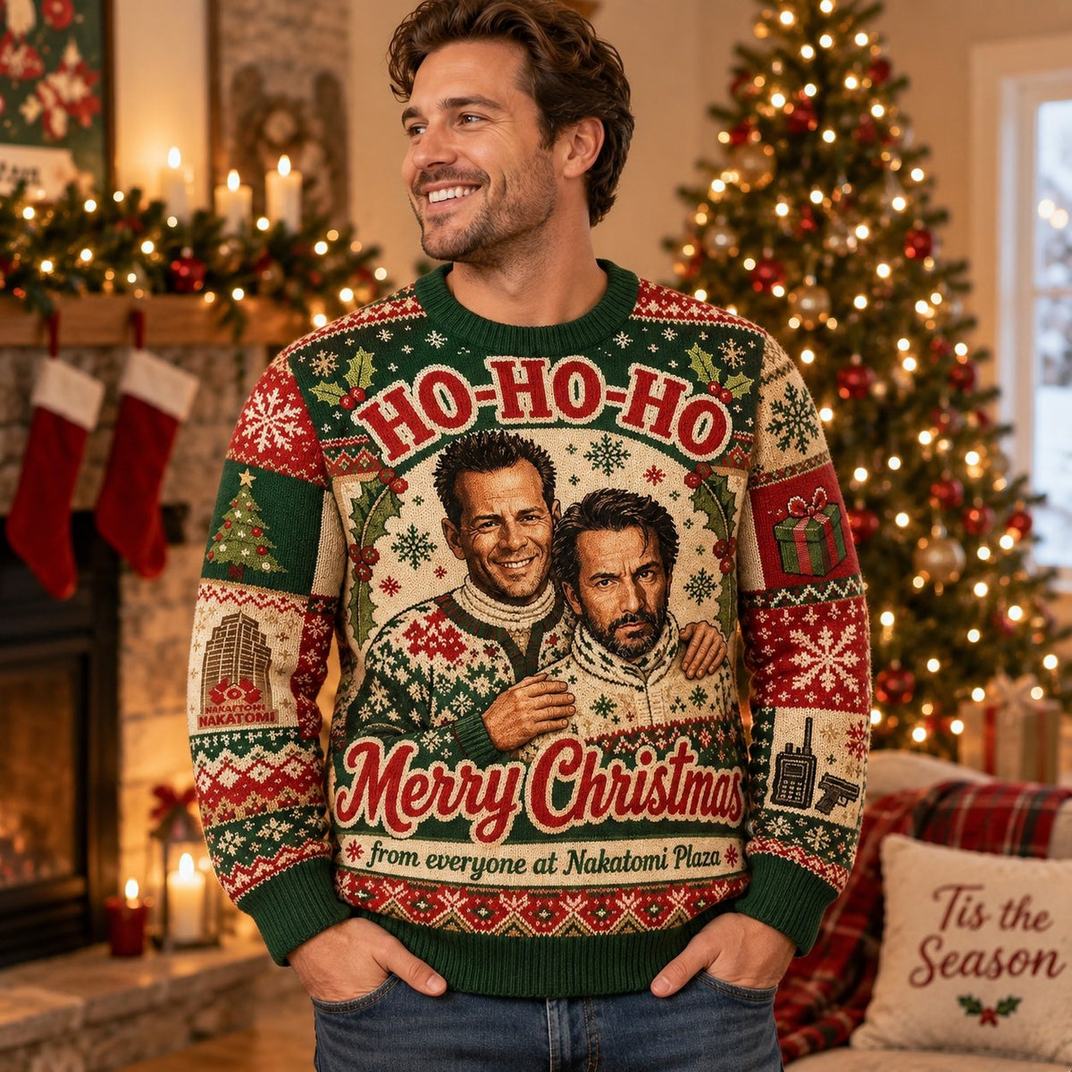 die hard ugly christmas sweater worn in a festively decorated living room