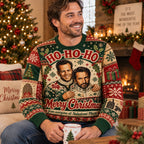 man in a die hard merry christmas sweater holding a hot cocoa