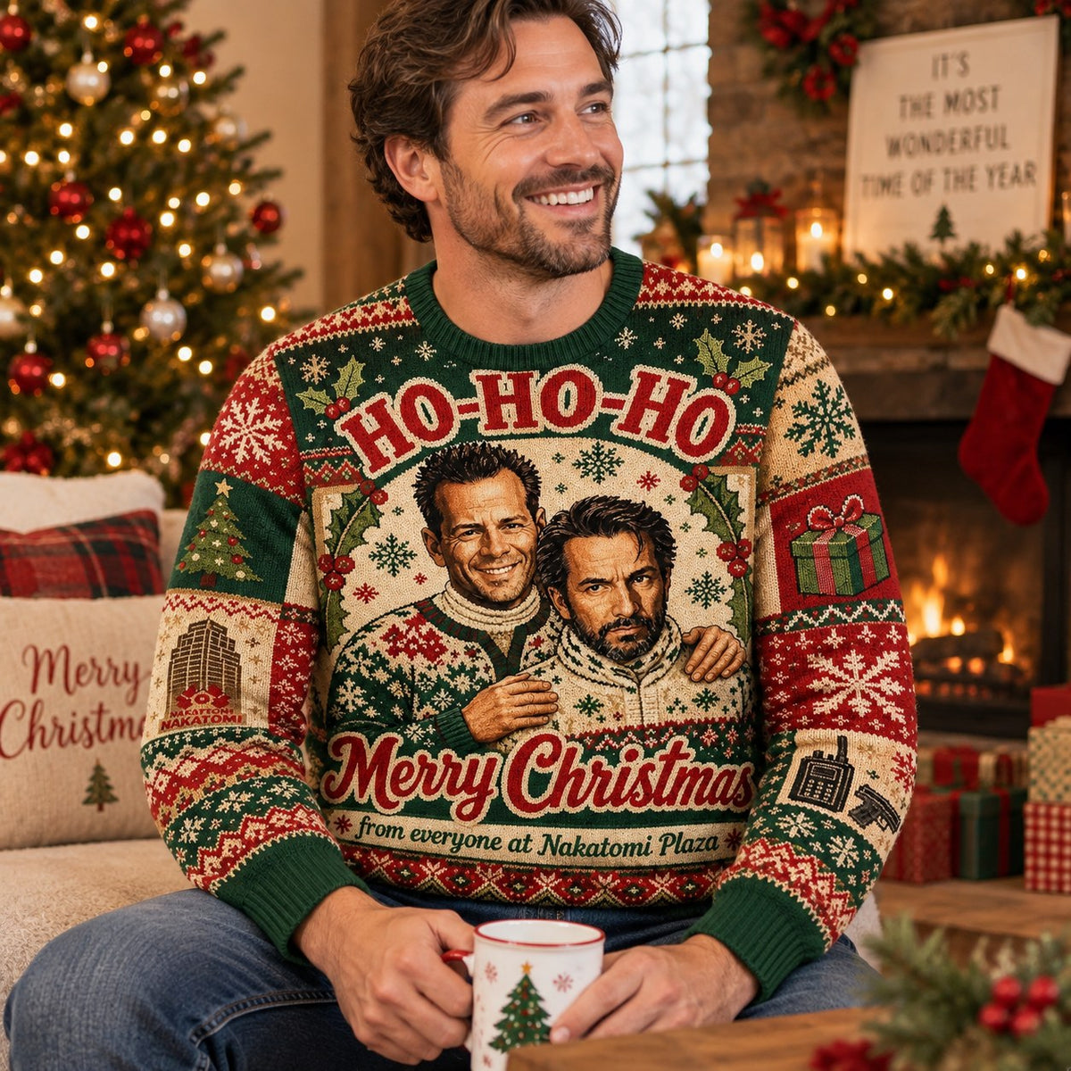 man in a die hard merry christmas sweater holding a hot cocoa