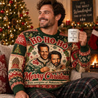 smiling model wearing a nakatomi plaza christmas jumper with snowy tree backdrop