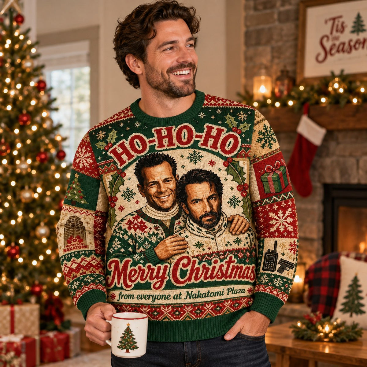 die hard xmas sweater paired with a christmas tree mug in a