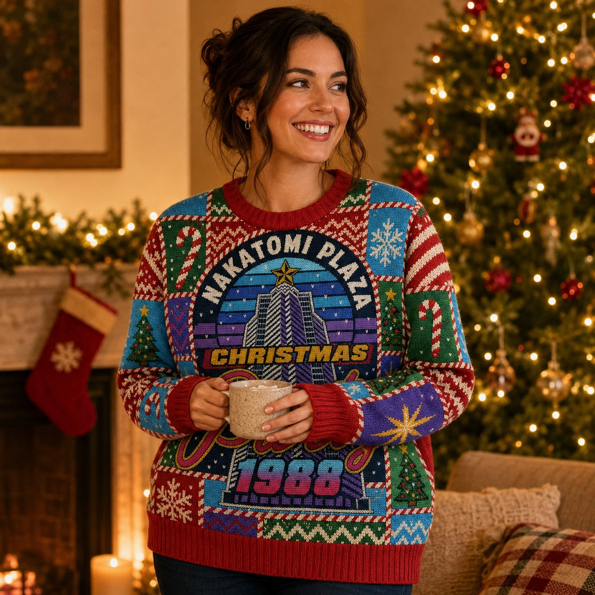 woman wearing an all over print ugly christmas sweater with the nakatomi
