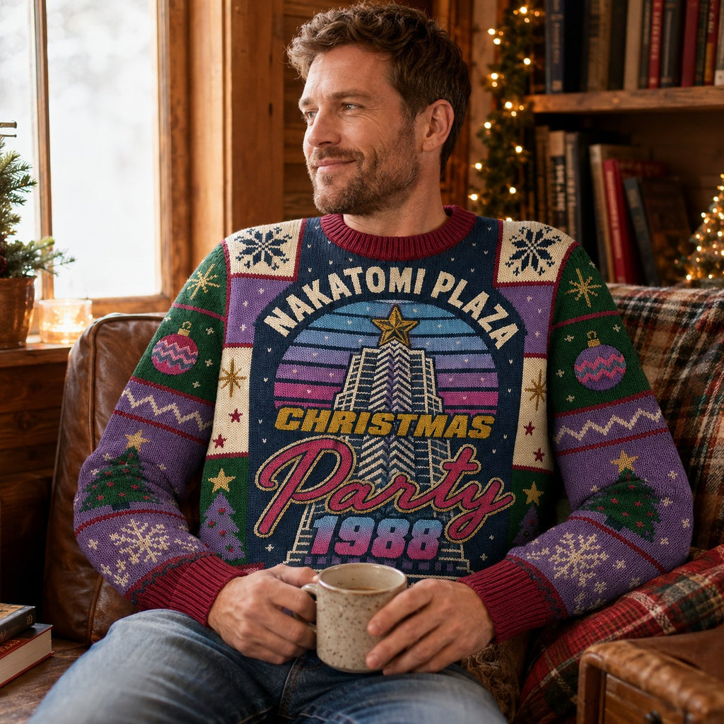 Man relaxing on a leather couch in a Nakatomi Plaza Christmas Party