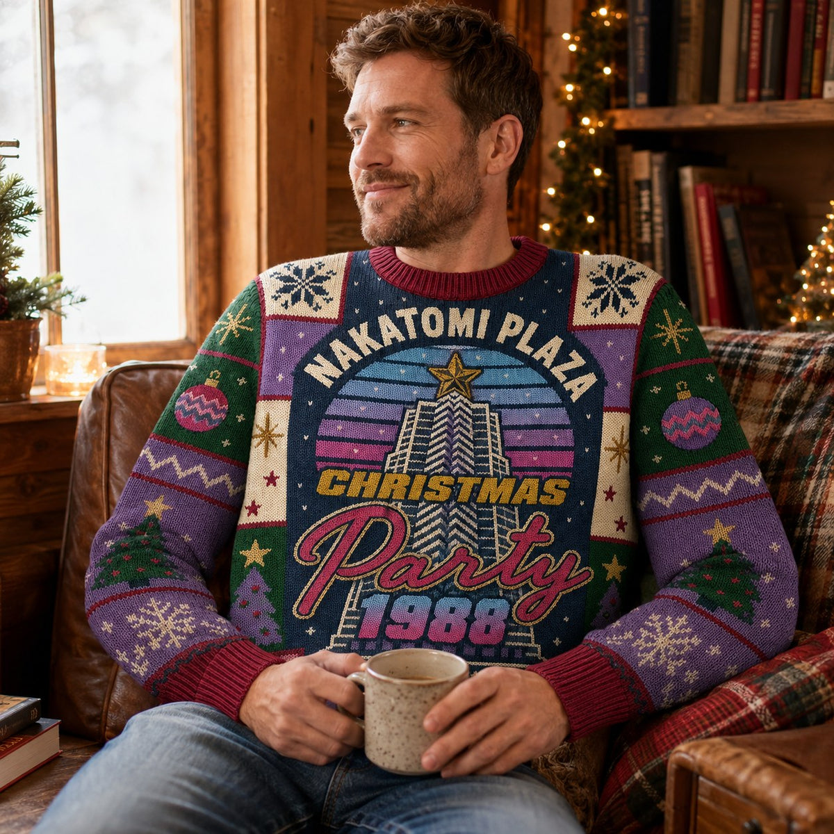 Man relaxing on a leather couch in a Nakatomi Plaza Christmas Party