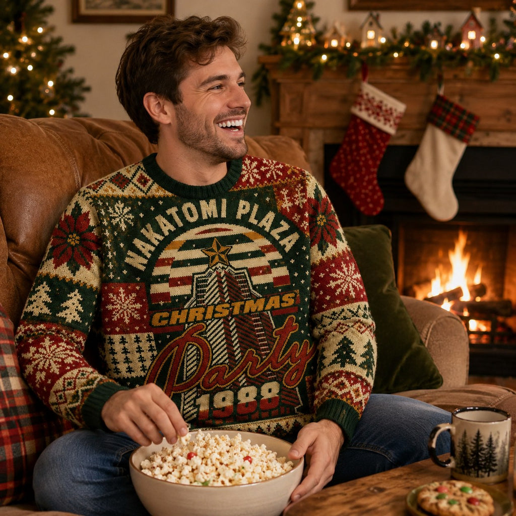 die hard fan wearing christmas party 1988 sweater seated by fireplace with
