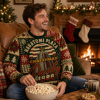 die hard fan wearing christmas party 1988 sweater seated by fireplace with