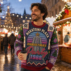Man smiling at a Christmas market wearing a Die Hard Nakatomi Plaza