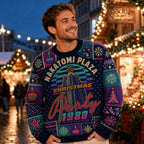 man wearing an all over print ugly christmas sweater featuring the nakatomi