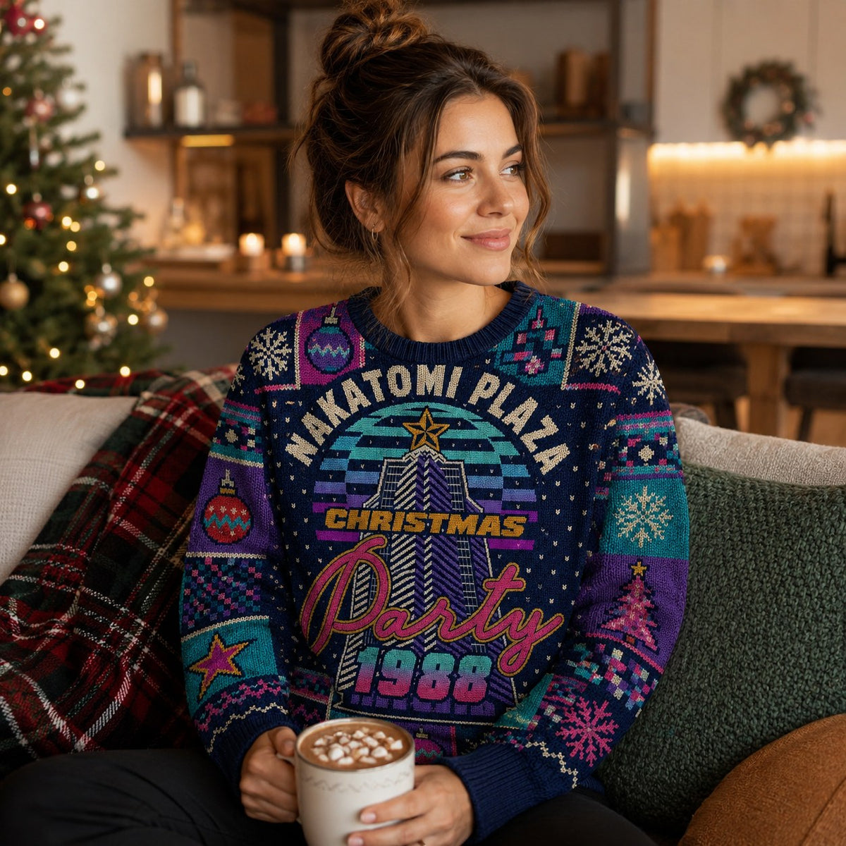 woman wearing a nakatomi plaza christmas party 1988 ugly christmas sweater while
