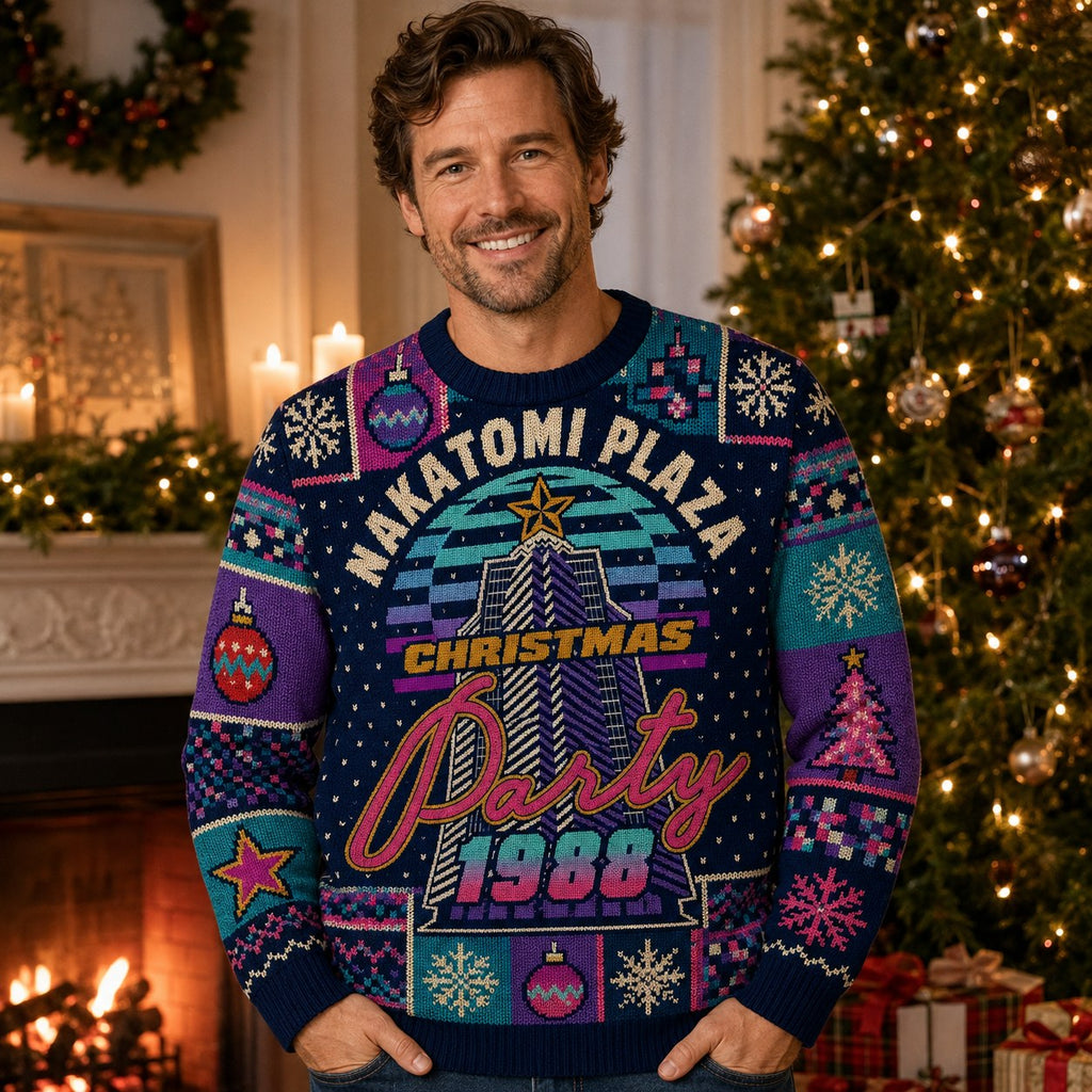 man smiling in a nakatomi plaza christmas party 1988 all over print