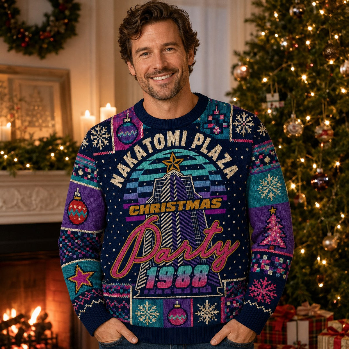 man smiling in a nakatomi plaza christmas party 1988 all over print