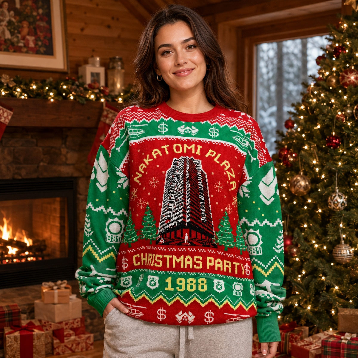 woman modelling red and green die hard ugly christmas sweater with nakatomi