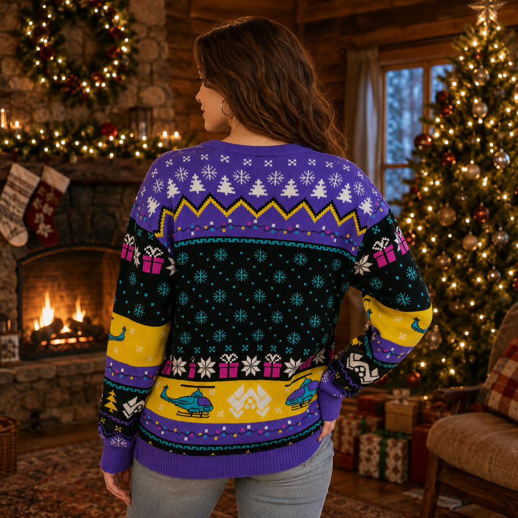 back view of the nakatomi plaza christmas sweater showing helicopter and snowflake