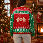 back view of die hard knit sweater showing the nakatomi plaza logo