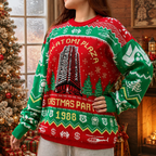 close up of nakatomi plaza christmas sweater front graphic and fair isle