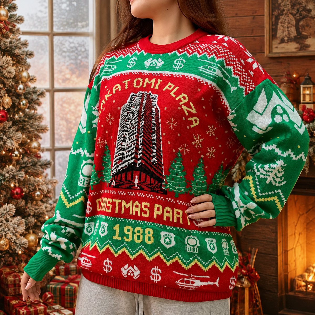 close up of nakatomi plaza christmas sweater front graphic and fair isle