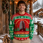 man wearing die hard nakatomi plaza ugly christmas sweater 1988 outdoors in