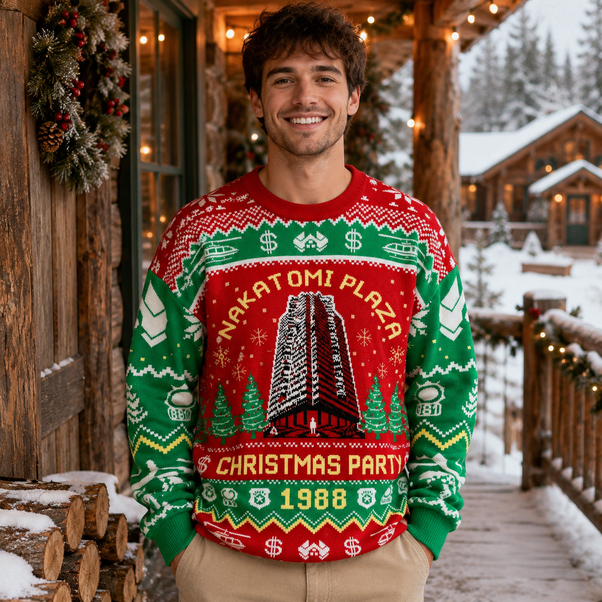 man wearing die hard nakatomi plaza ugly christmas sweater 1988 outdoors in