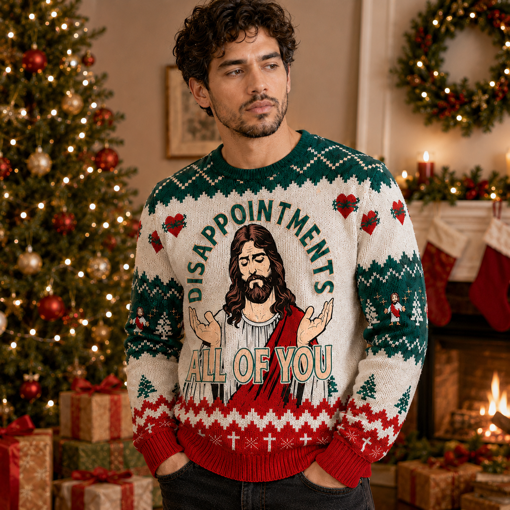 ugly Christmas sweater with DISAPPOINTMENTS ALL OF YOU quote and fair-isle knit