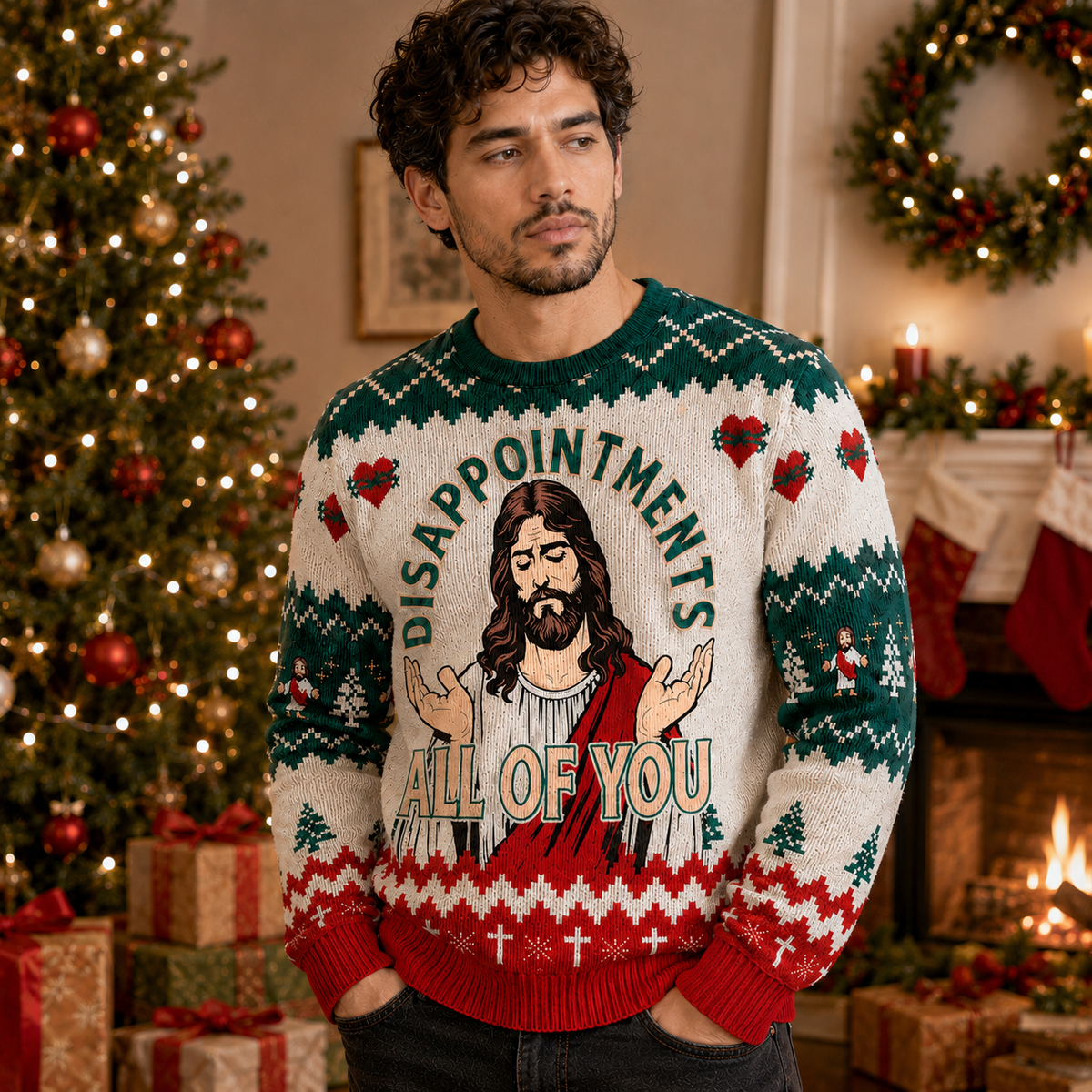 ugly Christmas sweater with DISAPPOINTMENTS ALL OF YOU quote and fair-isle knit