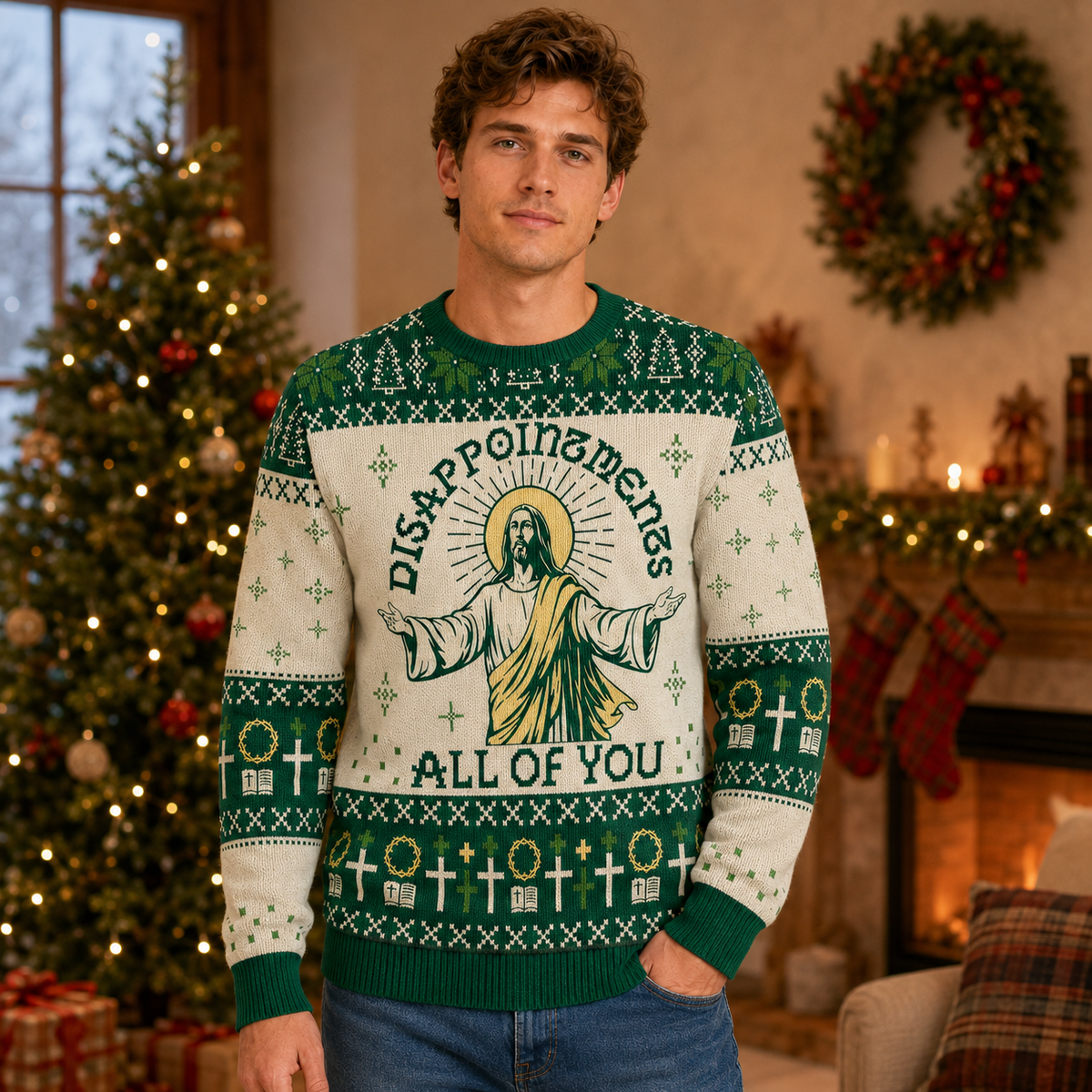 front view of a ugly christmas sweater with the quote disappointments all