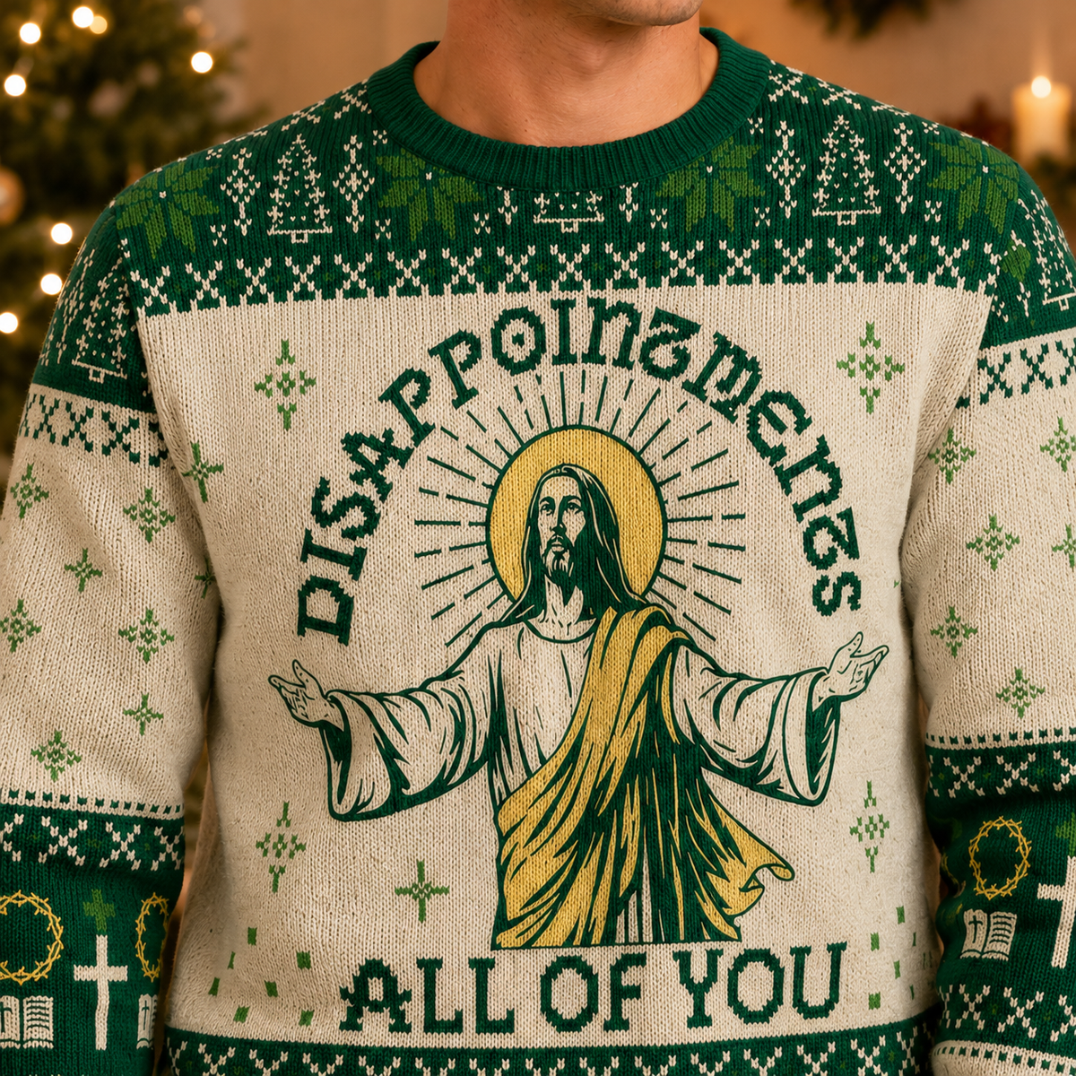 close up of the front design on the jacquard knit sweater