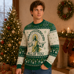 side view of a man wearing the ugly christmas sweater in a