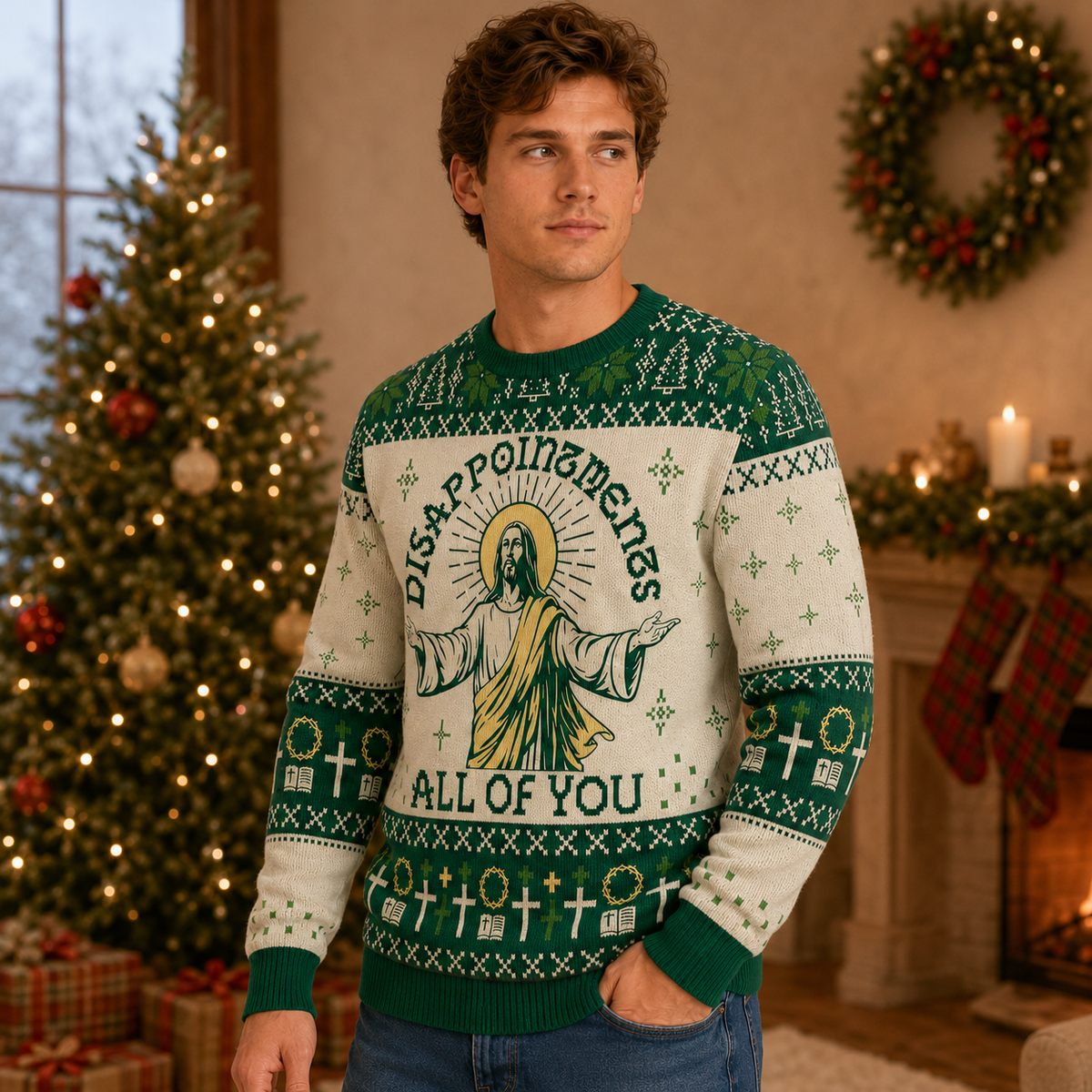 side view of a man wearing the ugly christmas sweater in a