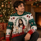 Man wearing a ugly Christmas sweater featuring DISAPPOINTMENTS ALL OF YOU quote