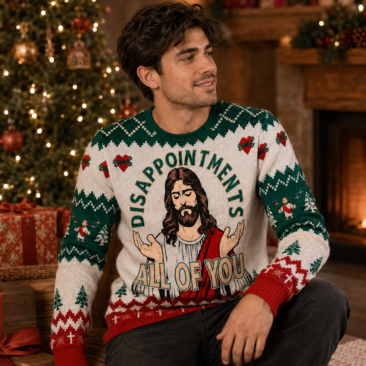 Man wearing a ugly Christmas sweater featuring DISAPPOINTMENTS ALL OF YOU quote