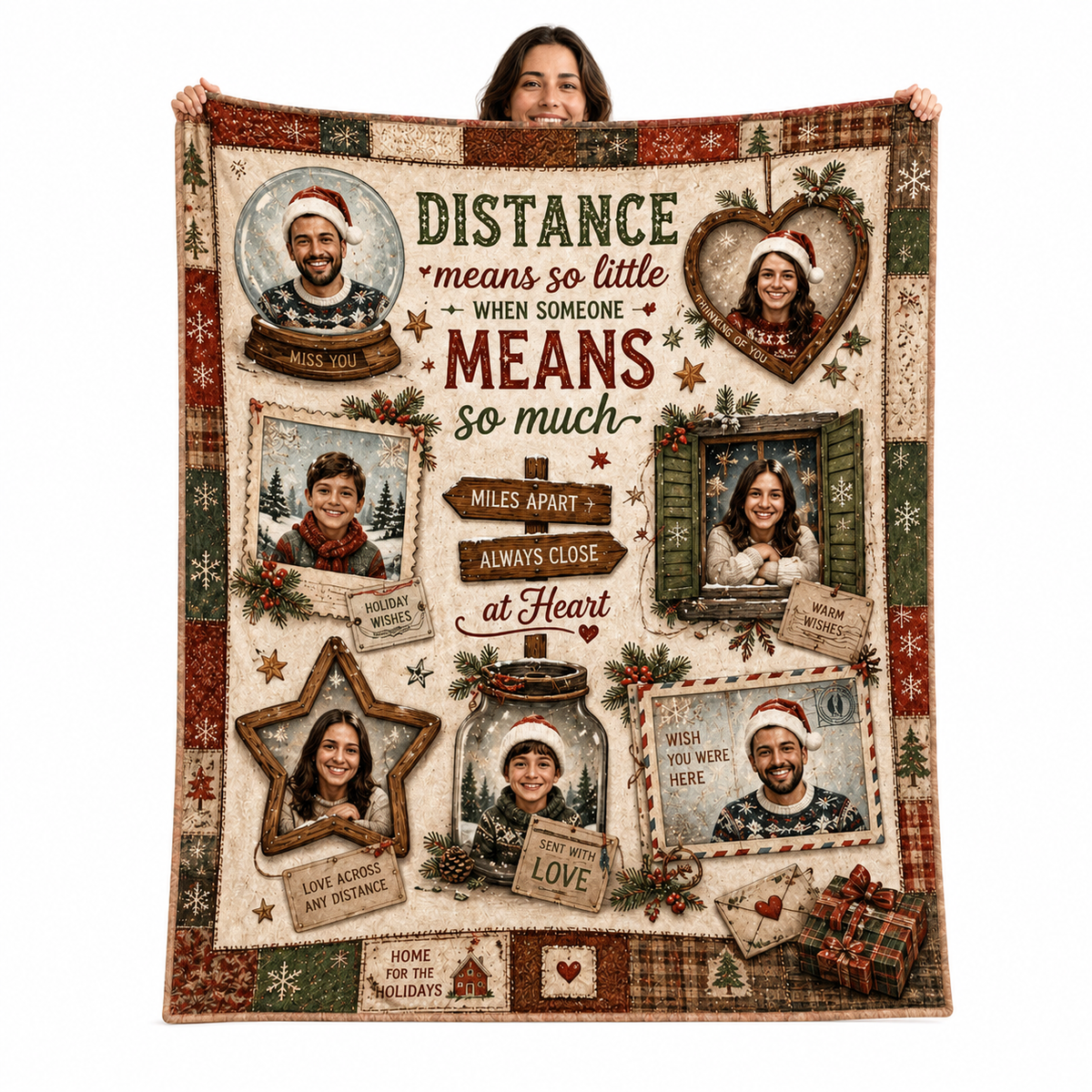 custom family photo christmas blanket with plaid border and eight photo frames
