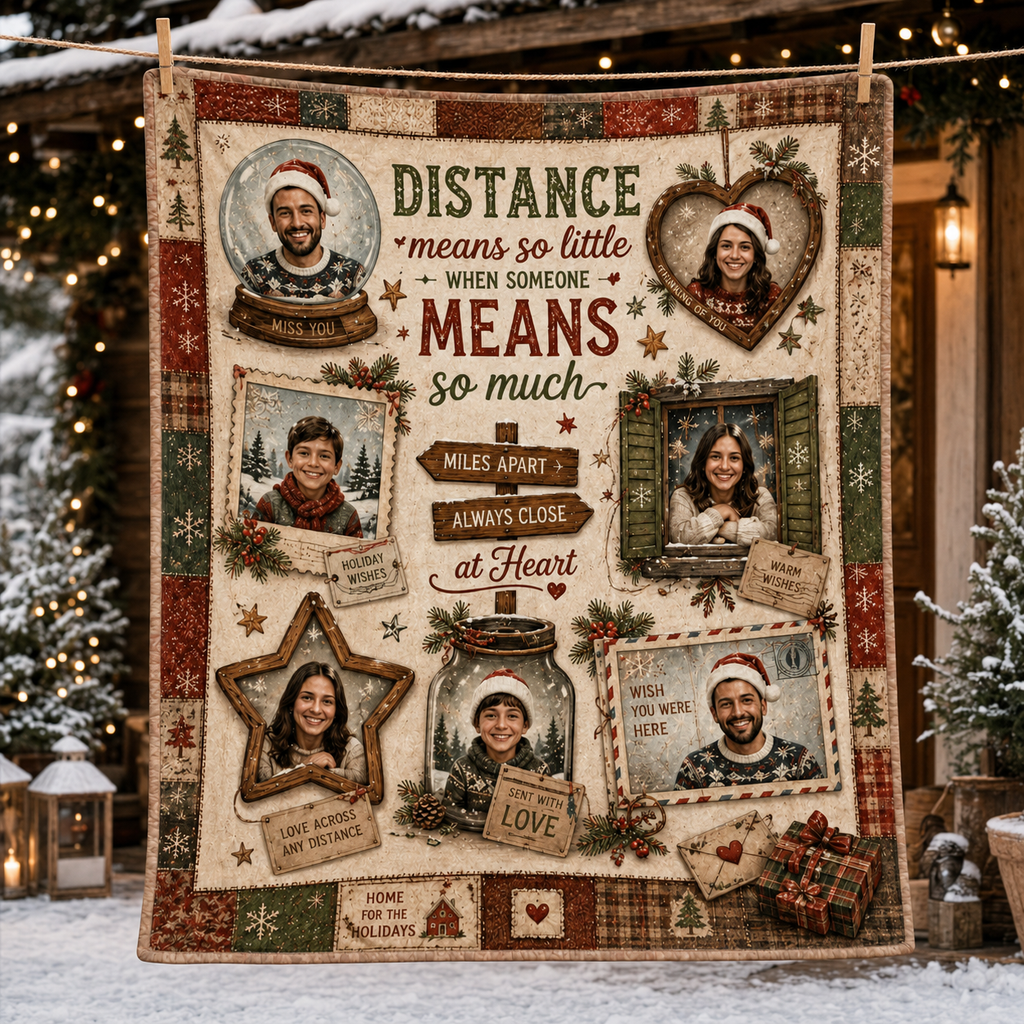 woman holding printed christmas photo blanket against snowy background