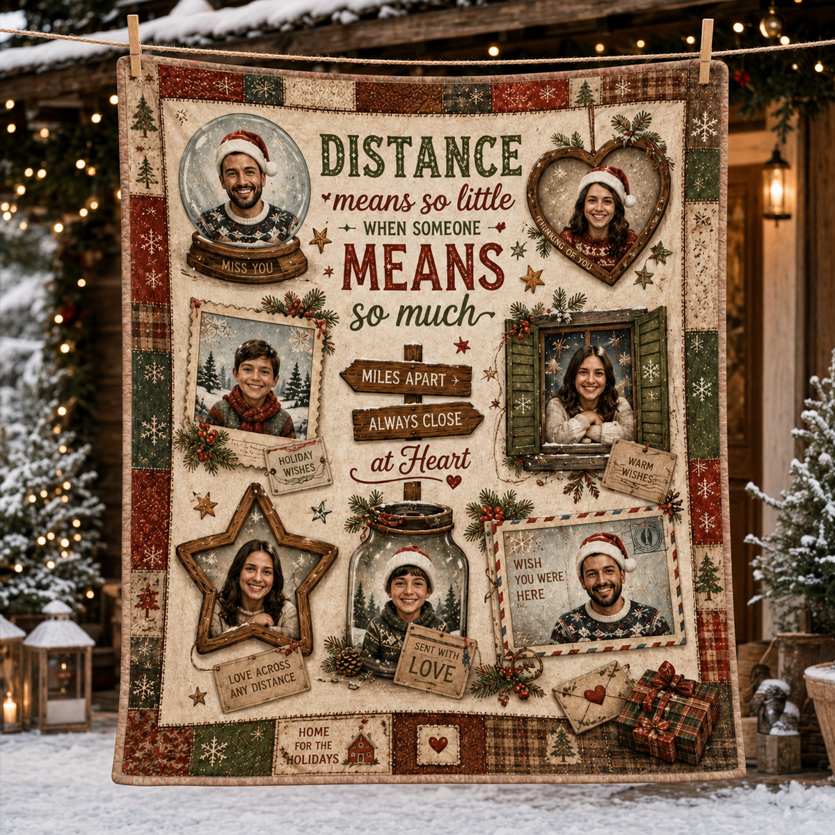 woman holding printed christmas photo blanket against snowy background