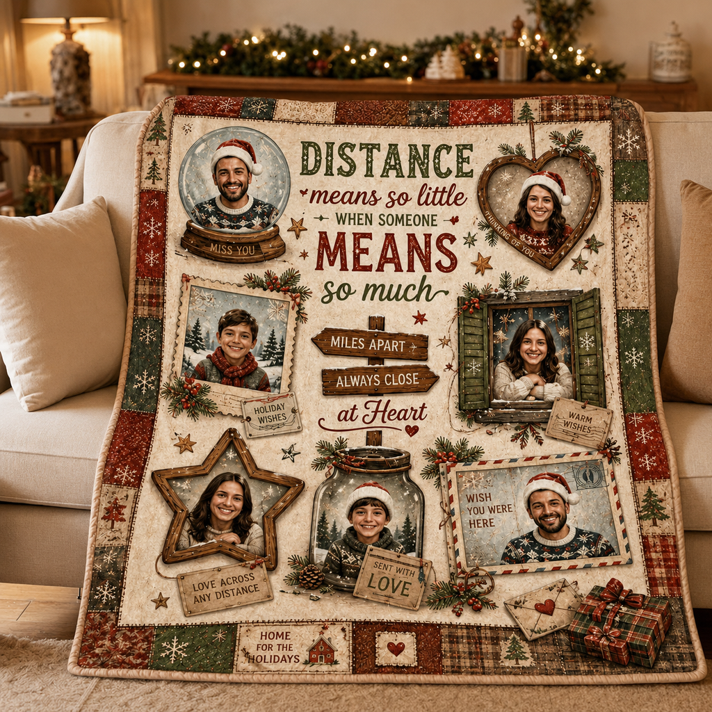 printed photo blanket draped over beige sofa in living room