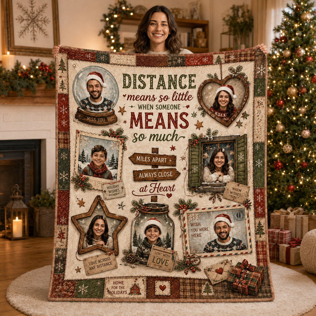 woman displaying finished custom christmas family photo blanket by tree