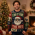 man modelling an ugly christmas sweater with a santa-style character in sunglasses