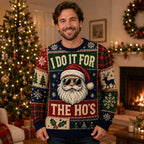 man modelling an ugly christmas sweater with a santa-style character in sunglasses