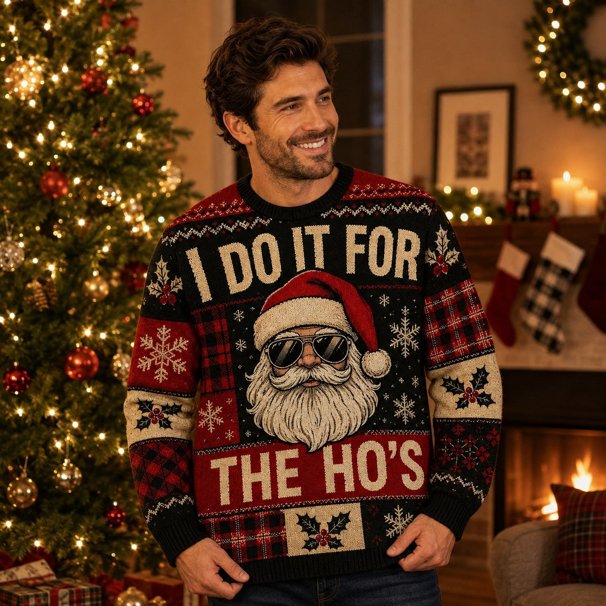 ugly christmas sweater with i do it for the ho's quote and