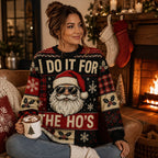 woman wearing a black and red plaid ugly christmas sweater indoors by