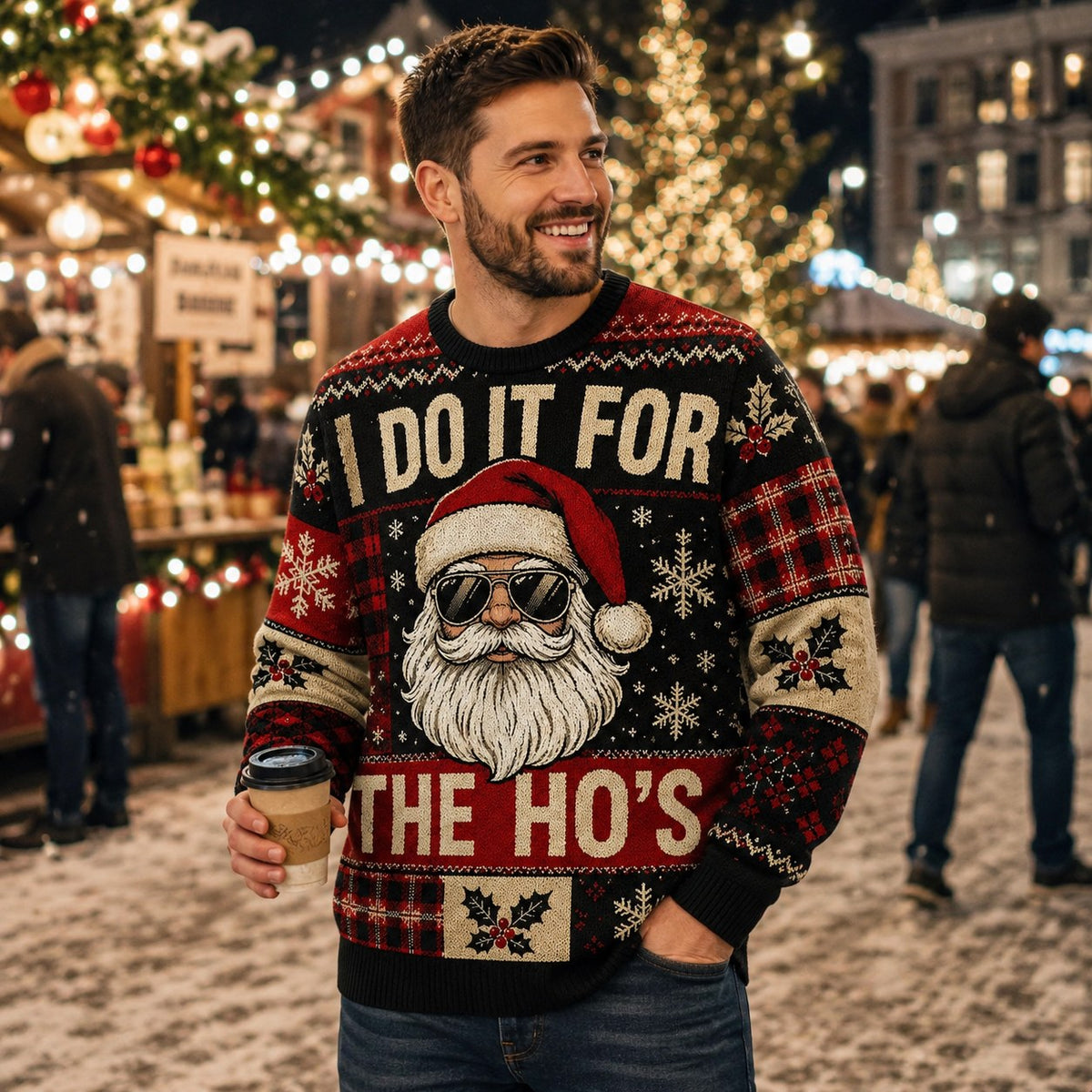 man wearing the i do it for the ho's christmas sweater at