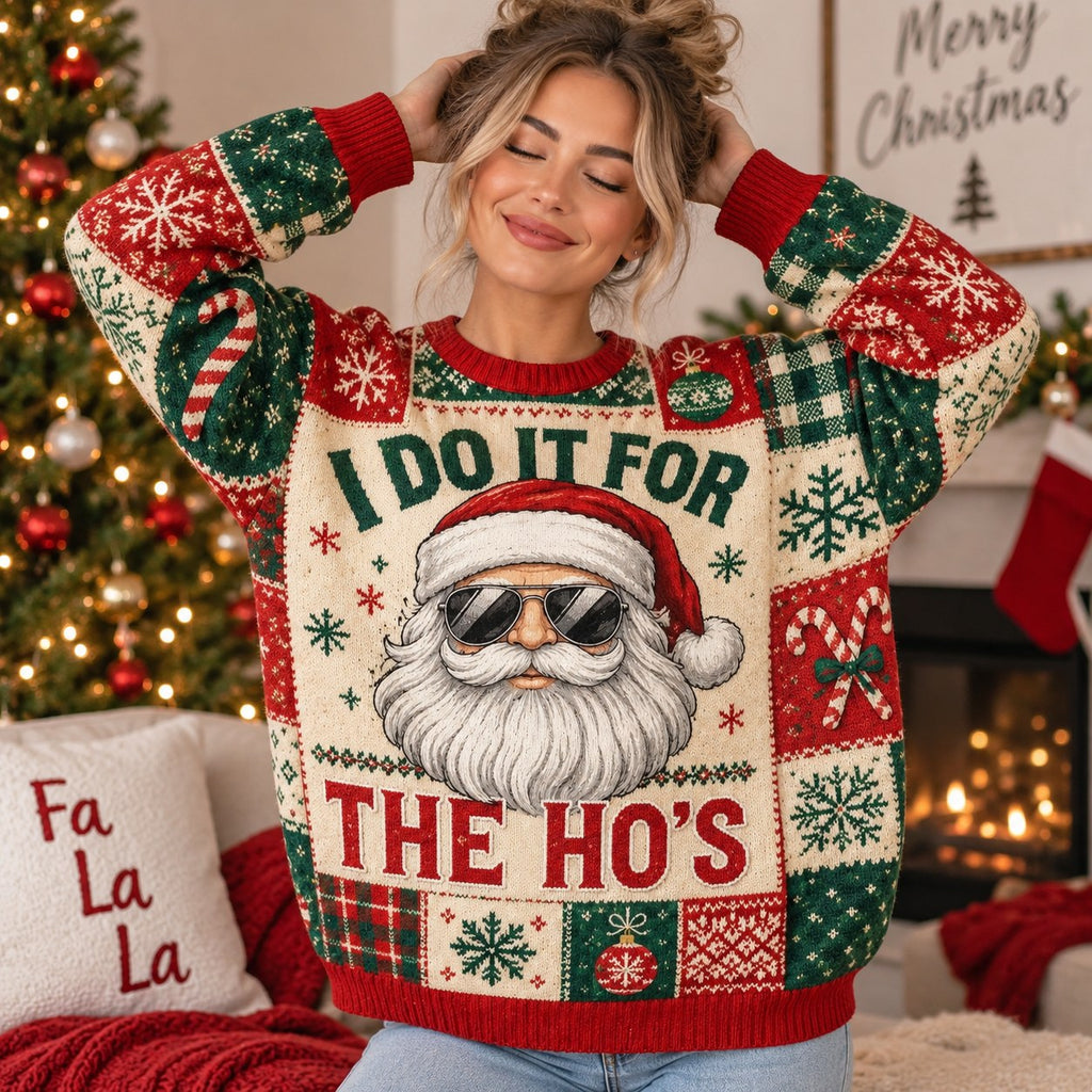 bearded face in santa hat and sunglasses printed across the sweater front