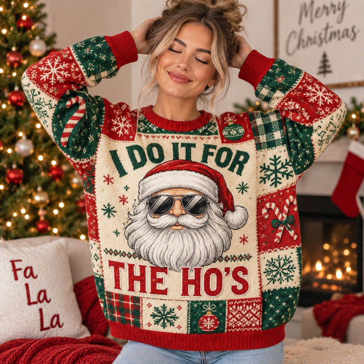 bearded face in santa hat and sunglasses printed across the sweater front