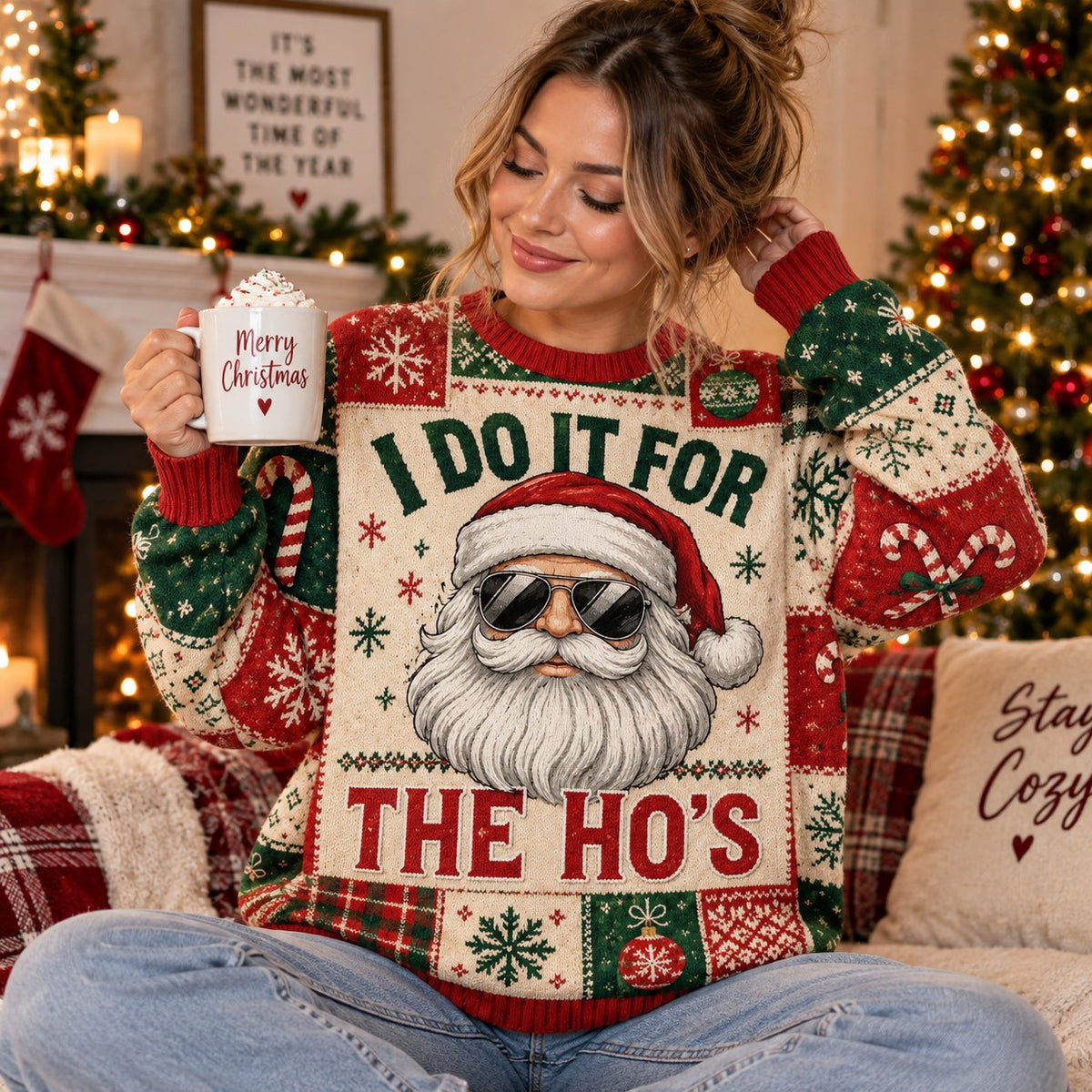 close up of the funny christmas sweater design with snowflakes and plaid
