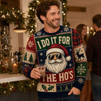 man at a holiday party laughing in a funny ugly christmas sweater