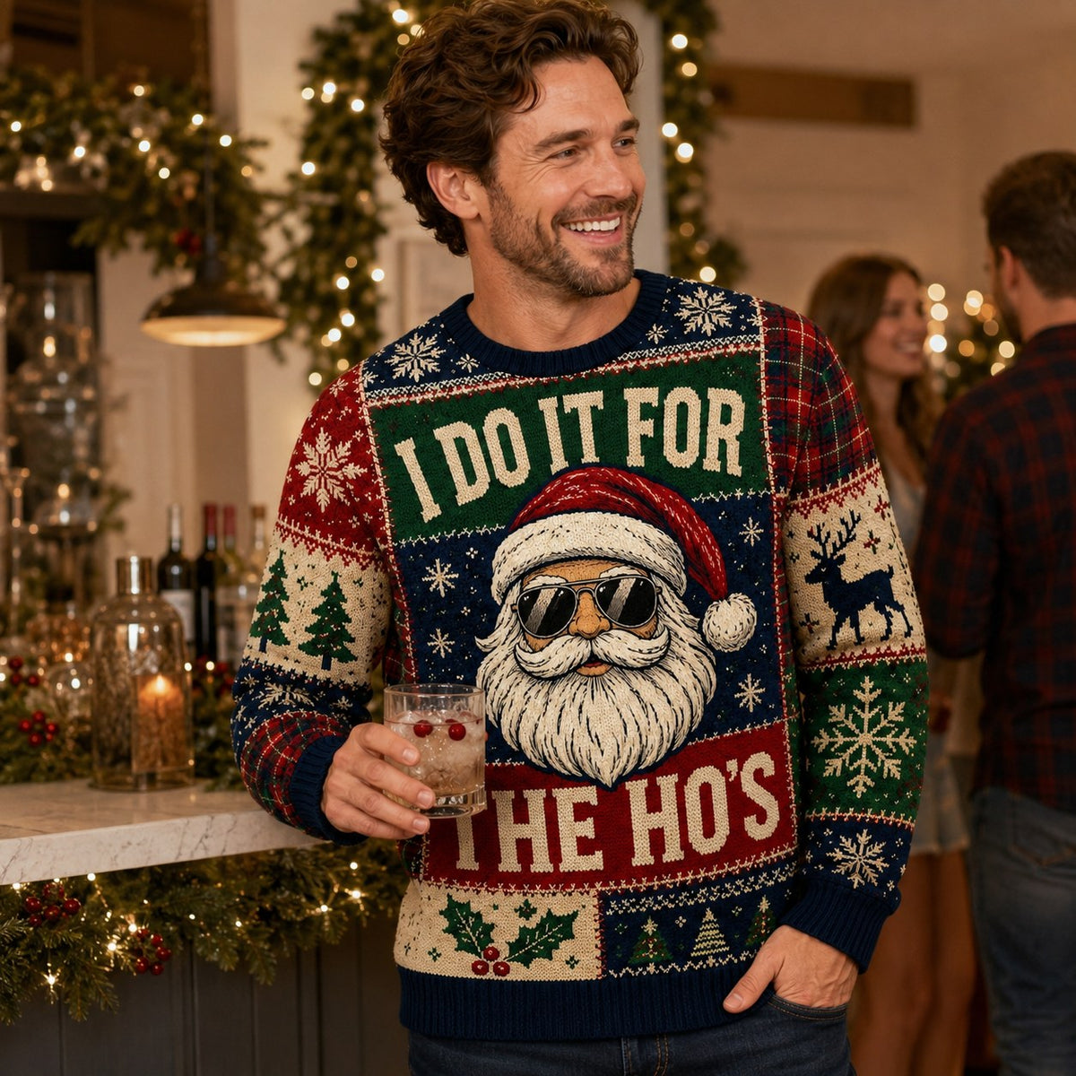 man at a holiday party laughing in a funny ugly christmas sweater